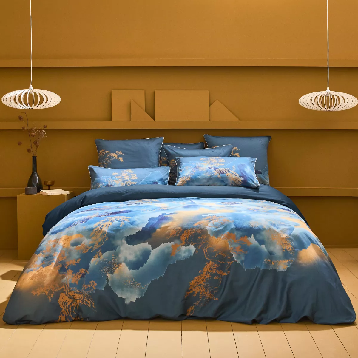 Housse de couette satin de coton imprimé bleu or Fuji nocturne