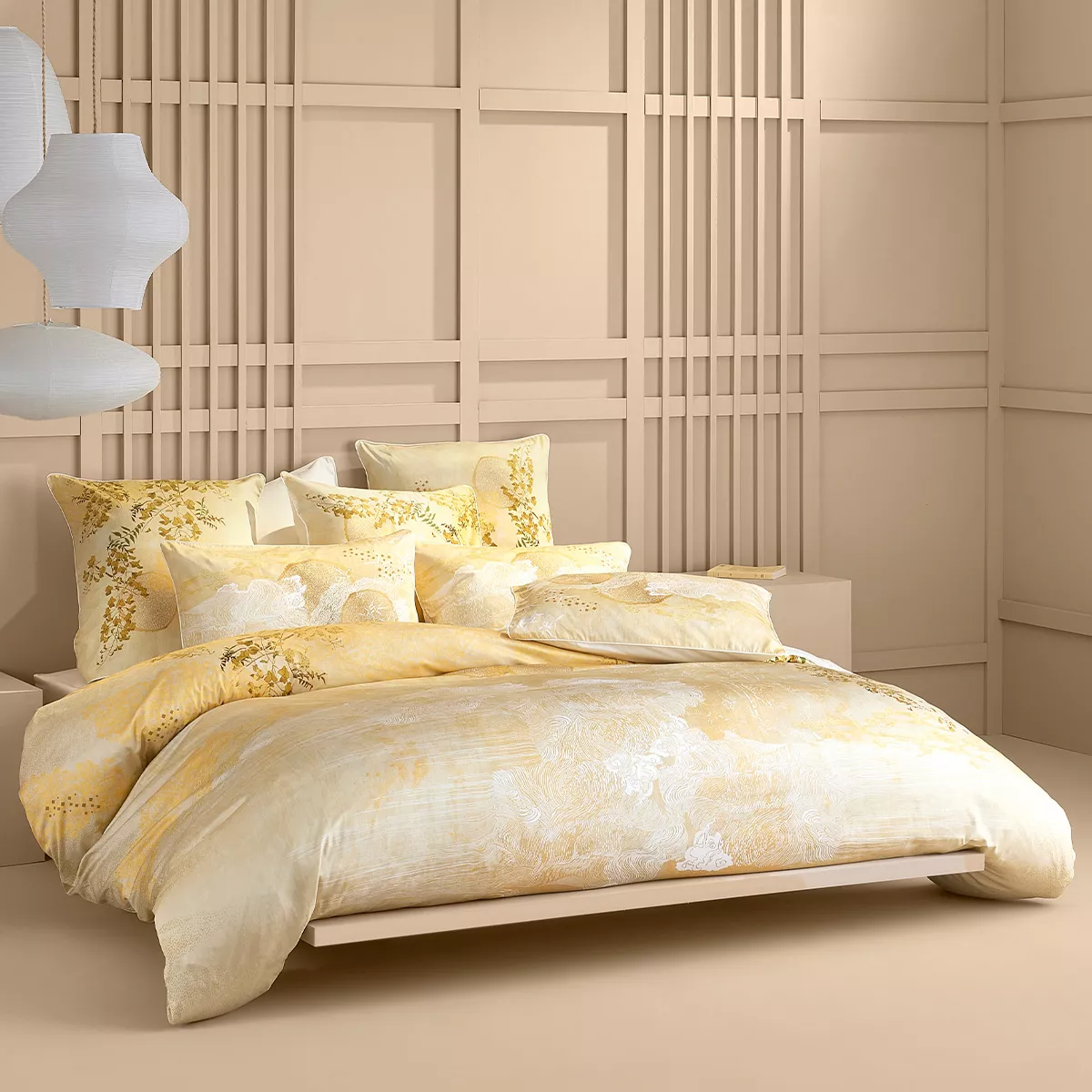 Housse de couette satin de coton 115 g/m² imprimé jaune or Soleil d'or dore