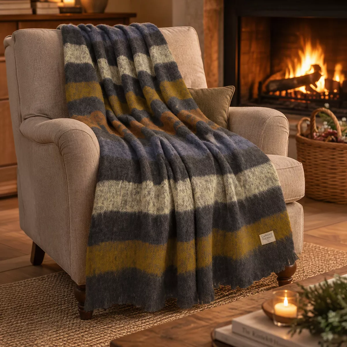 Plaid laine & autres fibres 200 g/m² motif jacquard orange anthracite Mohaira shetland onyx
