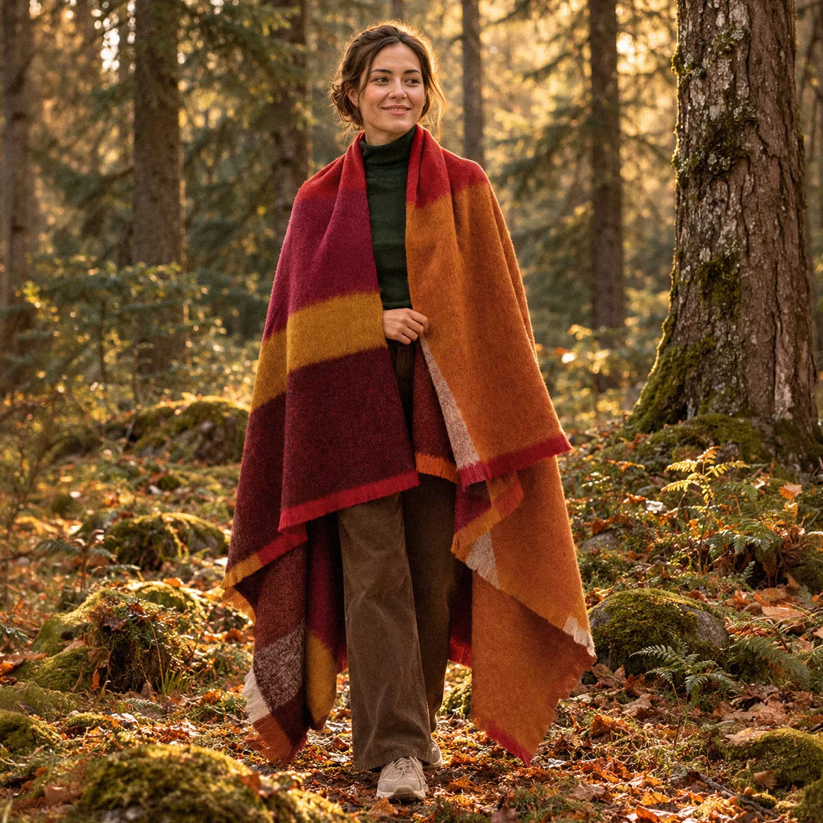 Plaid laine & autres fibres 200 g/m² motif jacquard bordeaux orange Mohaira ambre flamboyant