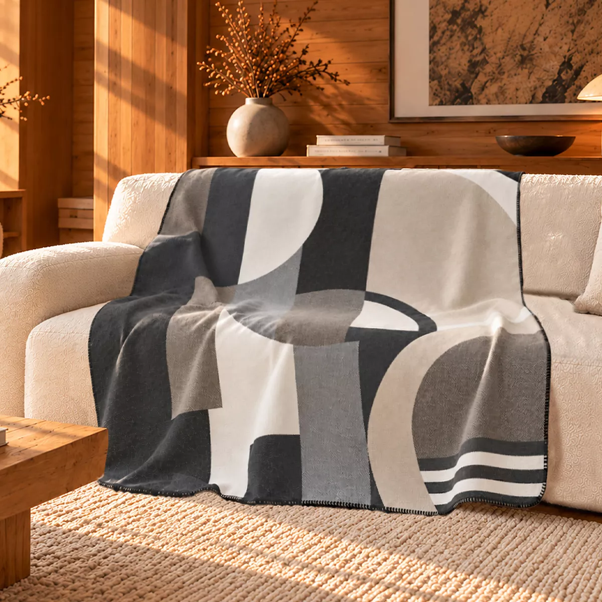 Plaid coton mélangé 415 g/m² motif jacquard gris ecru Livio dark