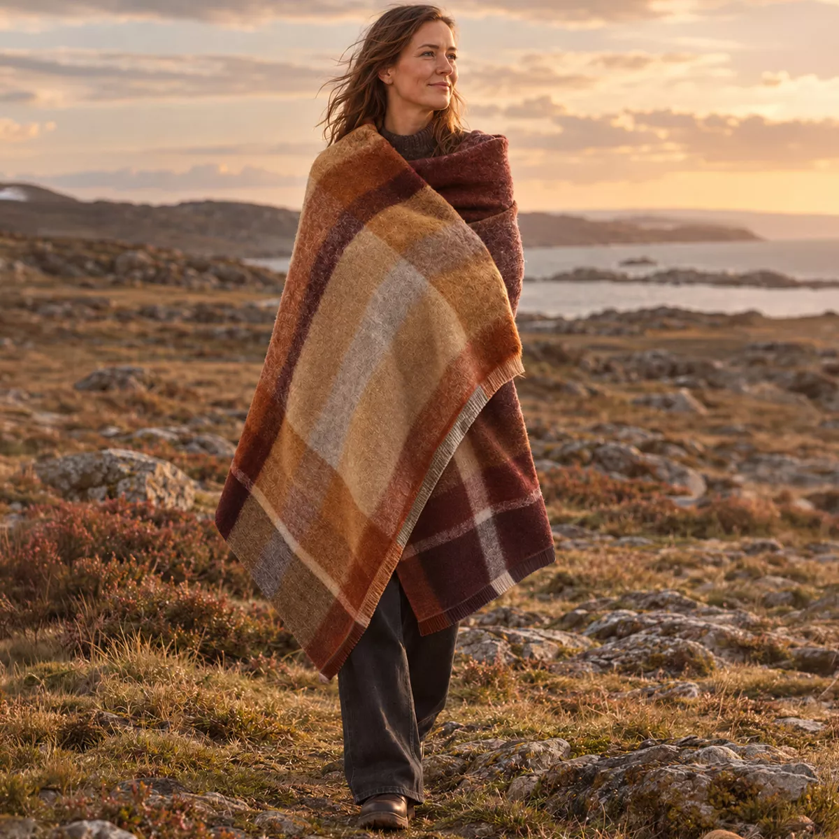 Plaid laine & autres fibres 200 g/m² motif jacquard bordeaux brun Mohaira ecossais sienne