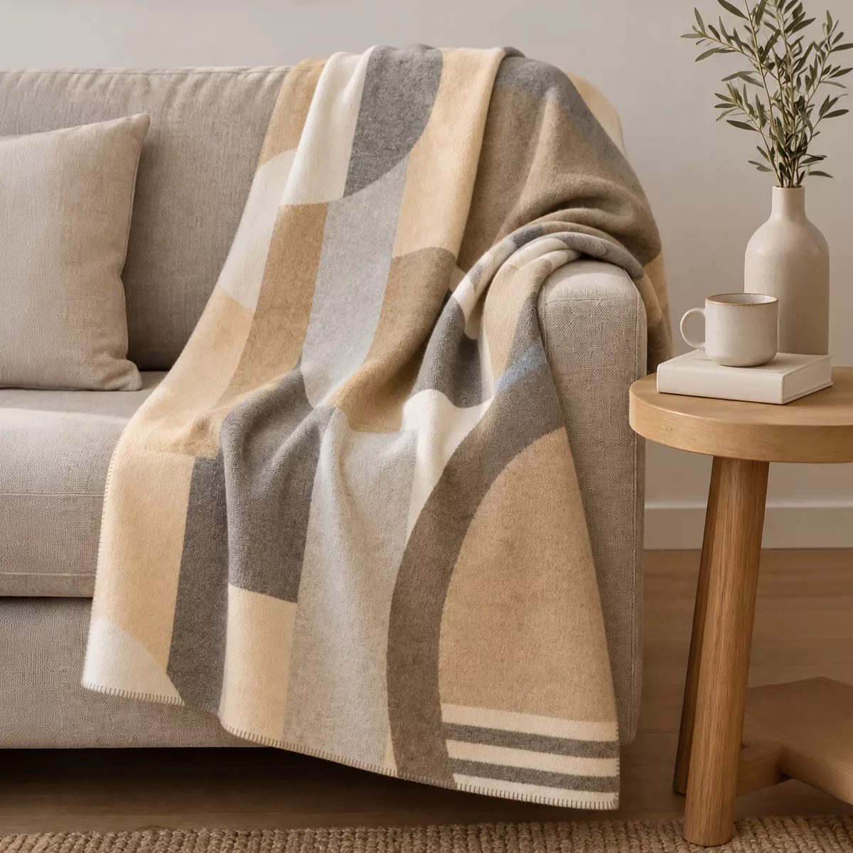 Plaid coton mélangé 415 g/m² motif jacquard gris beige Livio naturel
